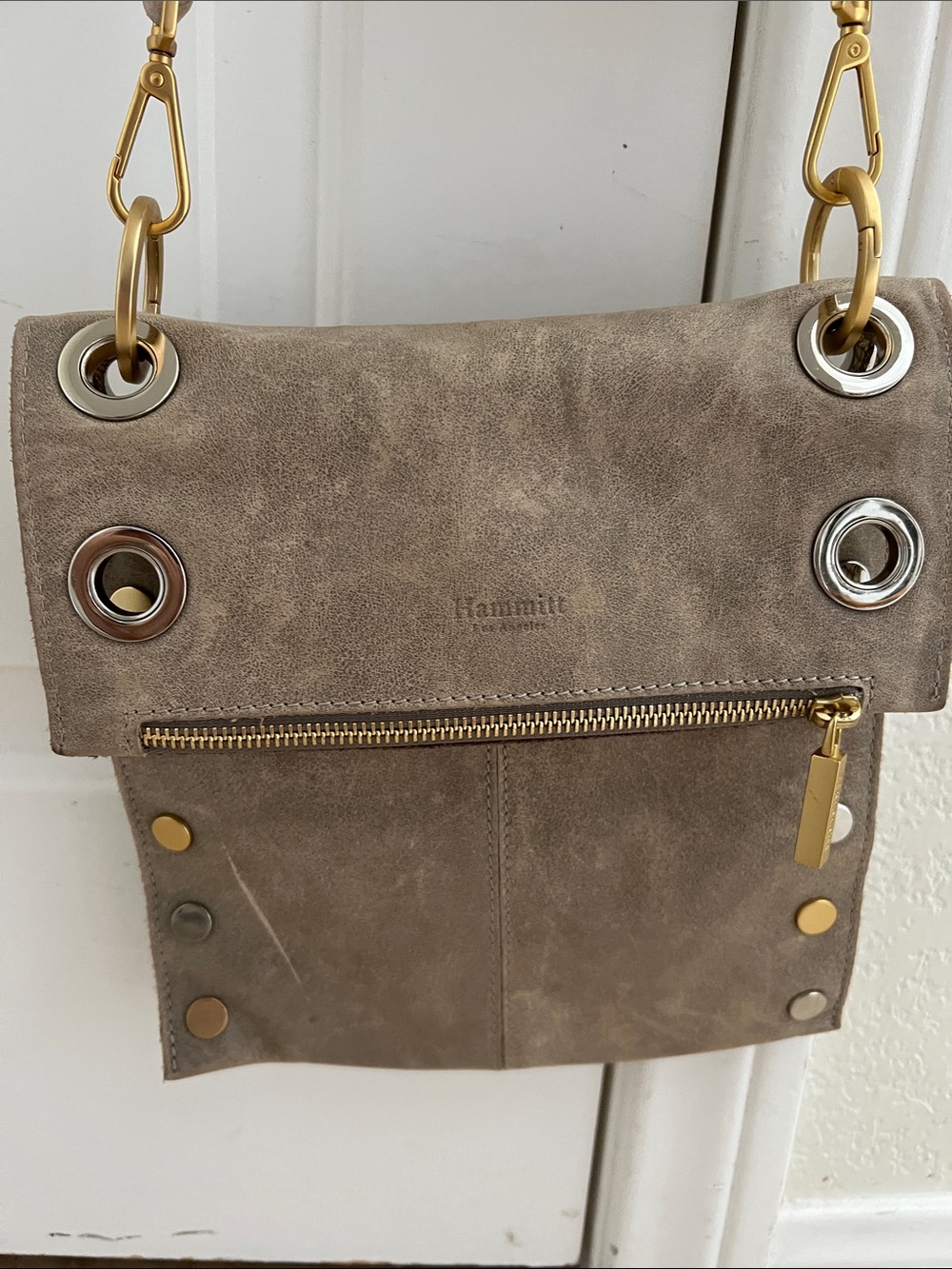 Hammitt Taupe Suede Crossbody with Gold Hardware